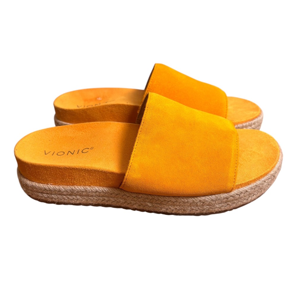 Vionic Yashina Mustard Yellow Suede Espadrille Platform Slide Sandals Womens 7.5